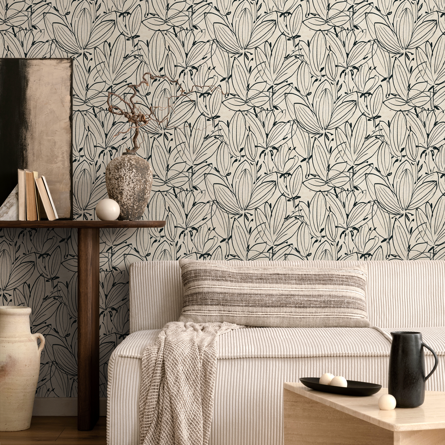 Beige Boho Floral Wallpaper / Peel and Stick Wallpaper Removable Wallpaper Home Decor Wall Art Wall Decor Room Decor - C832