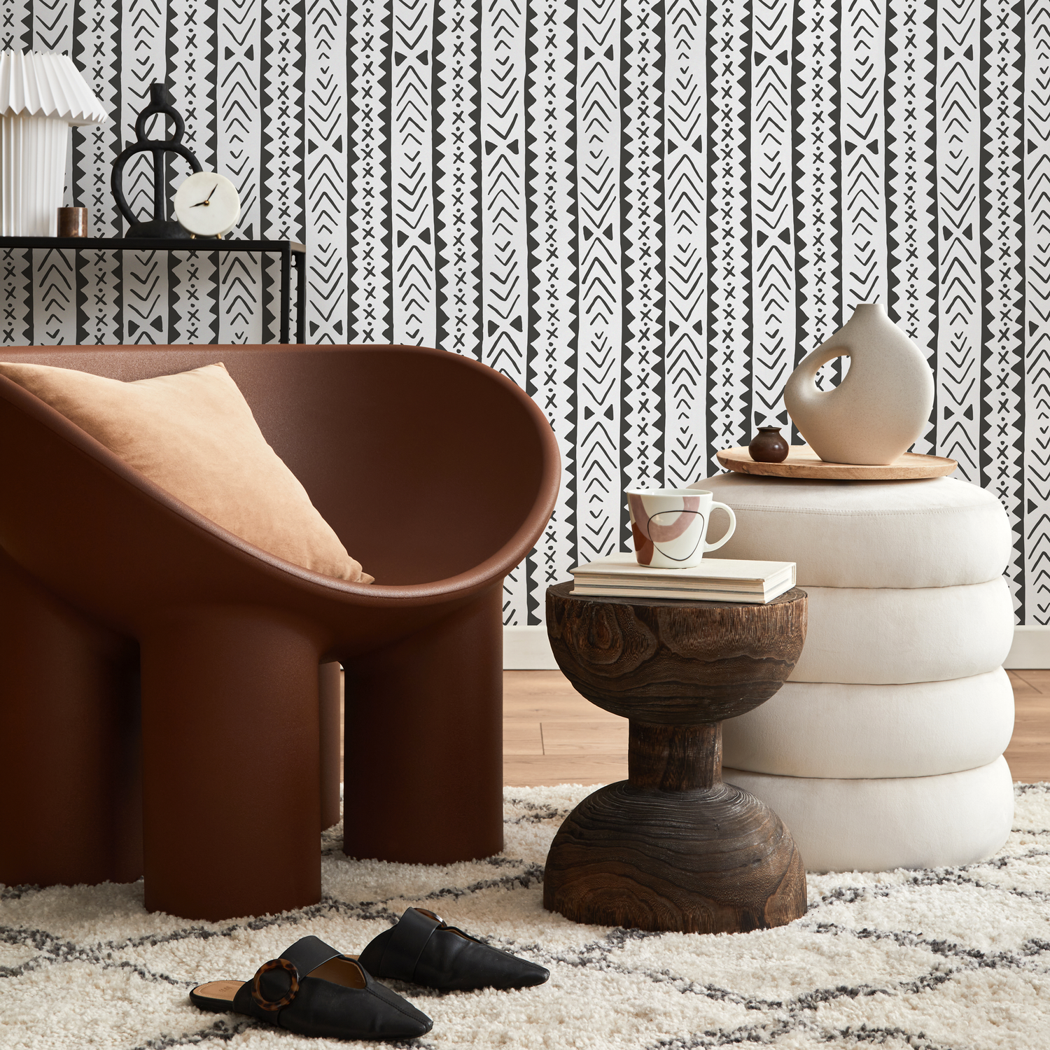 Papier peint tribal bohème noir et blanc / Papier peint autocollant amovible Décoration d'intérieur Art mural Décoration murale Décoration de chambre - C833