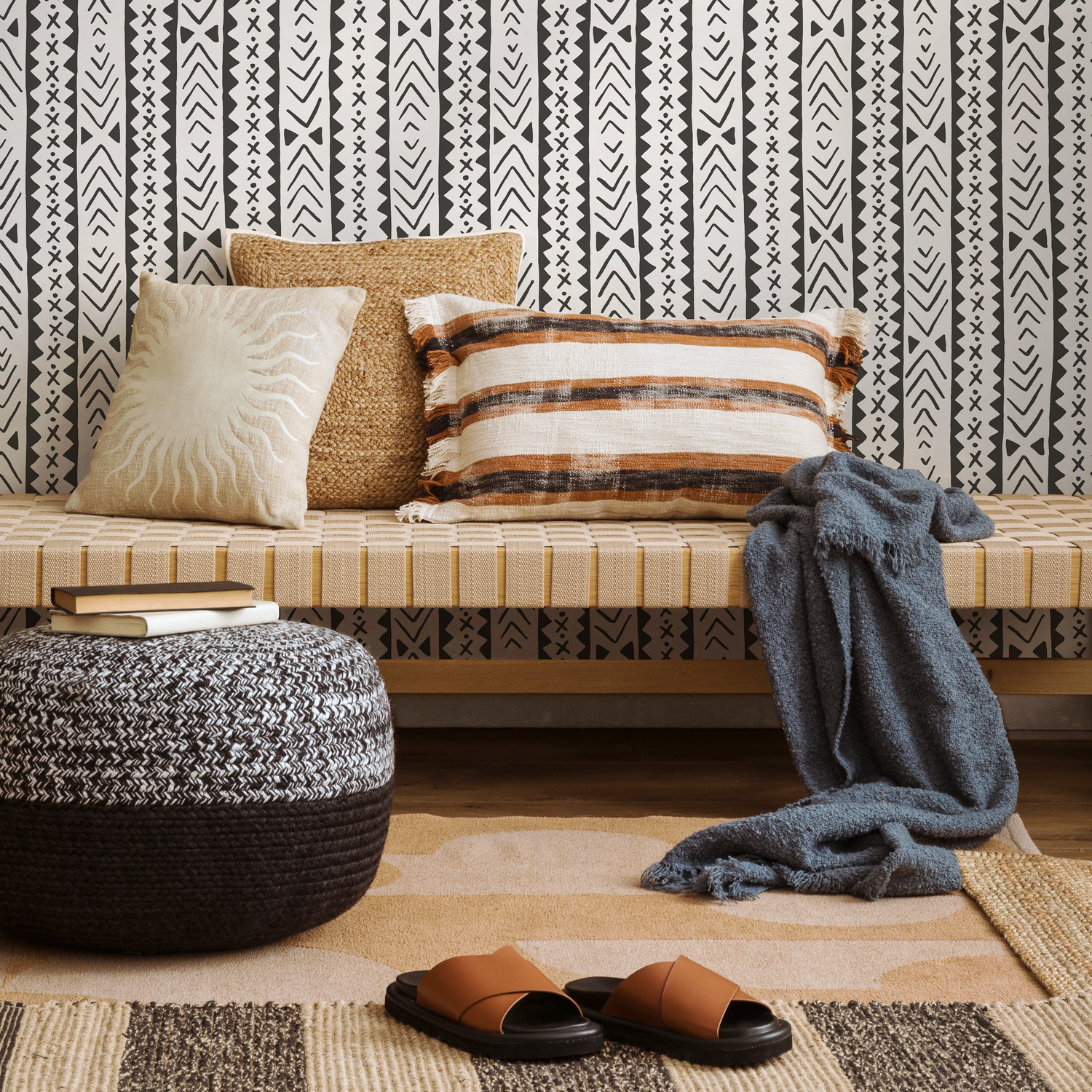 Papier peint tribal bohème noir et blanc / Papier peint autocollant amovible Décoration d'intérieur Art mural Décoration murale Décoration de chambre - C833