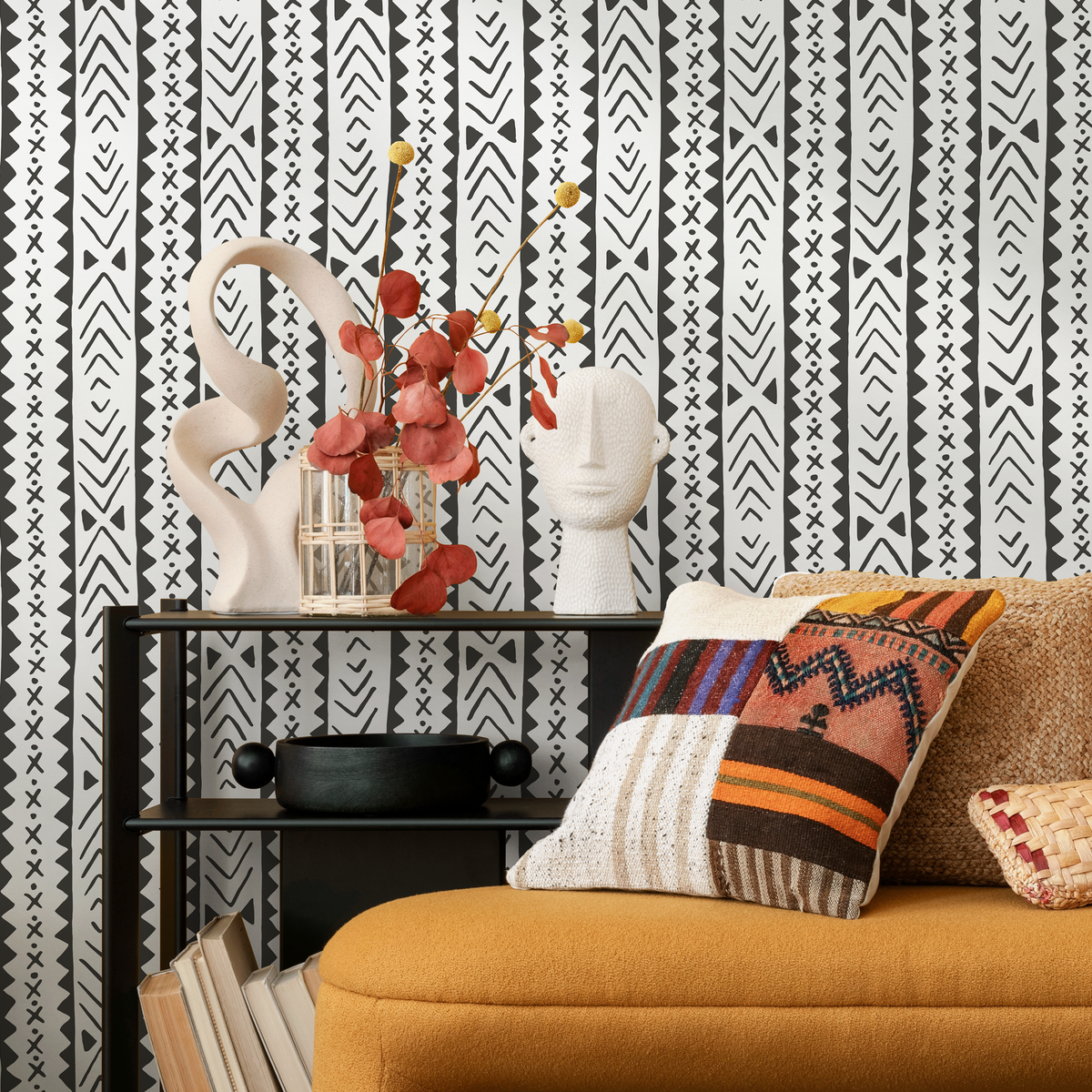 Tribal Wallpaper Featuring Vertical Motifs in Black and White - detail view