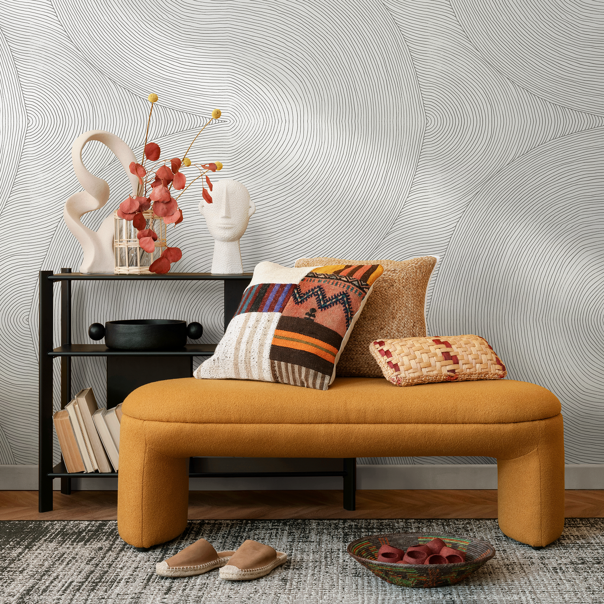 Abstract Wallpaper with Flowing Contour Lines in Grey and White - detail view