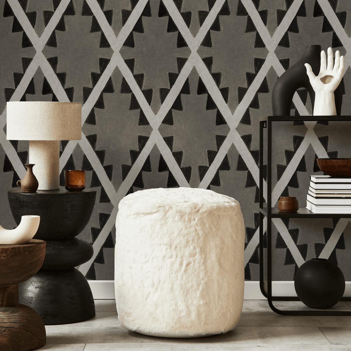 Boho Wallpaper with a Tribal Diamond Pattern in Black and Taupe - detail view