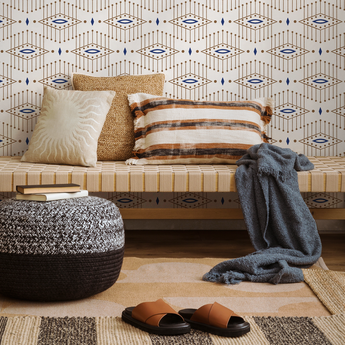 Ethnic Wallpaper with a Geometric Diamond Motif in Blue and Brown - detail view