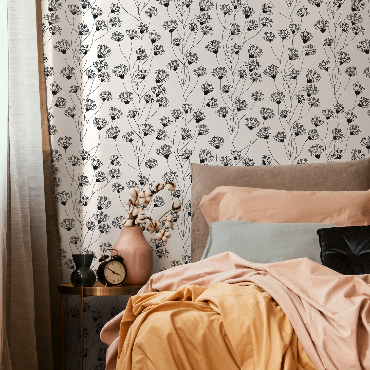 Papier peint à fleurs sauvages noir et blanc / Papier peint autocollant amovible Décoration d'intérieur Art mural Décoration murale Décoration de chambre - C839