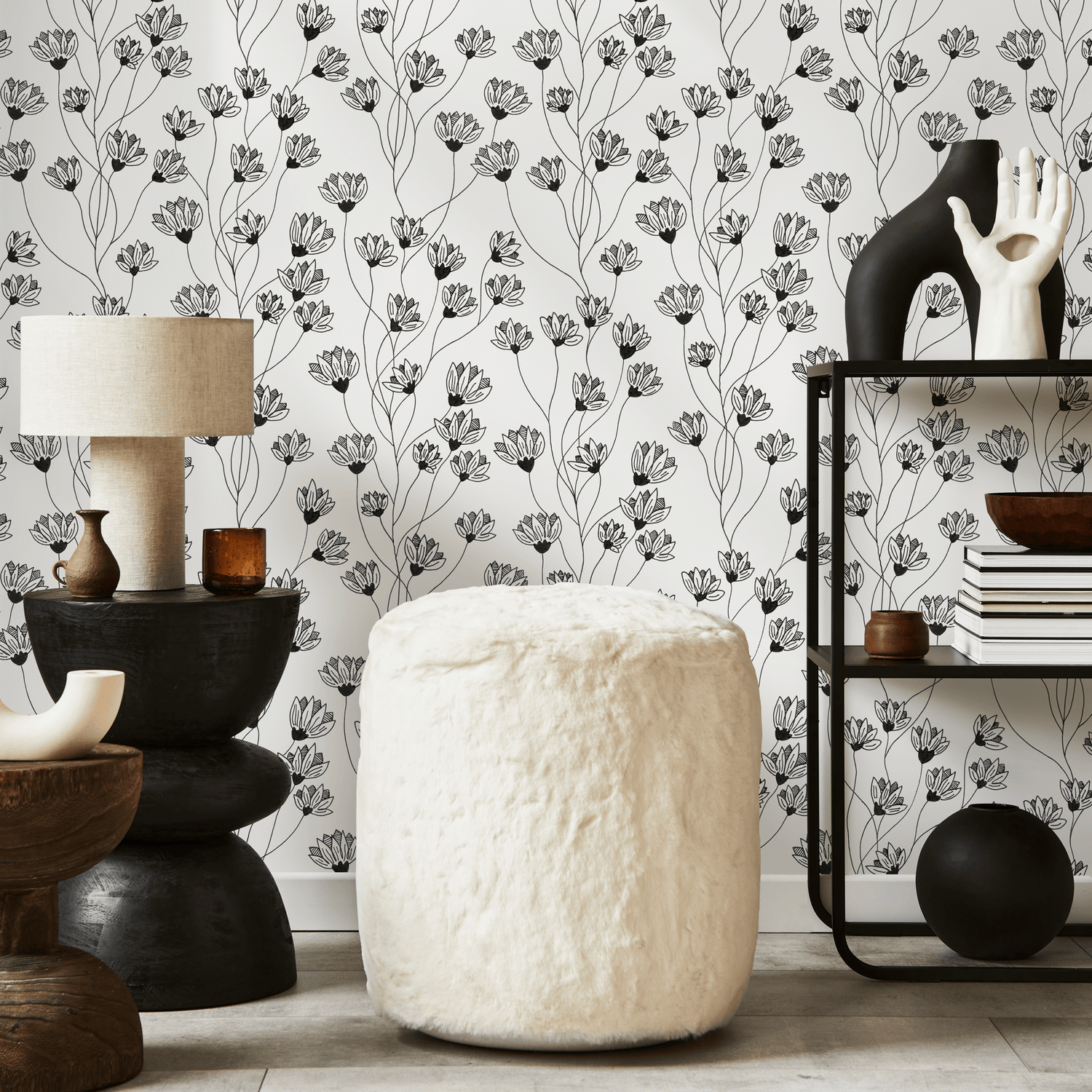 Papier peint à fleurs sauvages noir et blanc / Papier peint autocollant amovible Décoration d'intérieur Art mural Décoration murale Décoration de chambre - C839