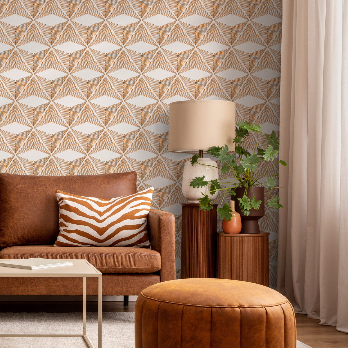 Geometric Wallpaper with a Hand-Drawn Block Motif in Brown - detail view