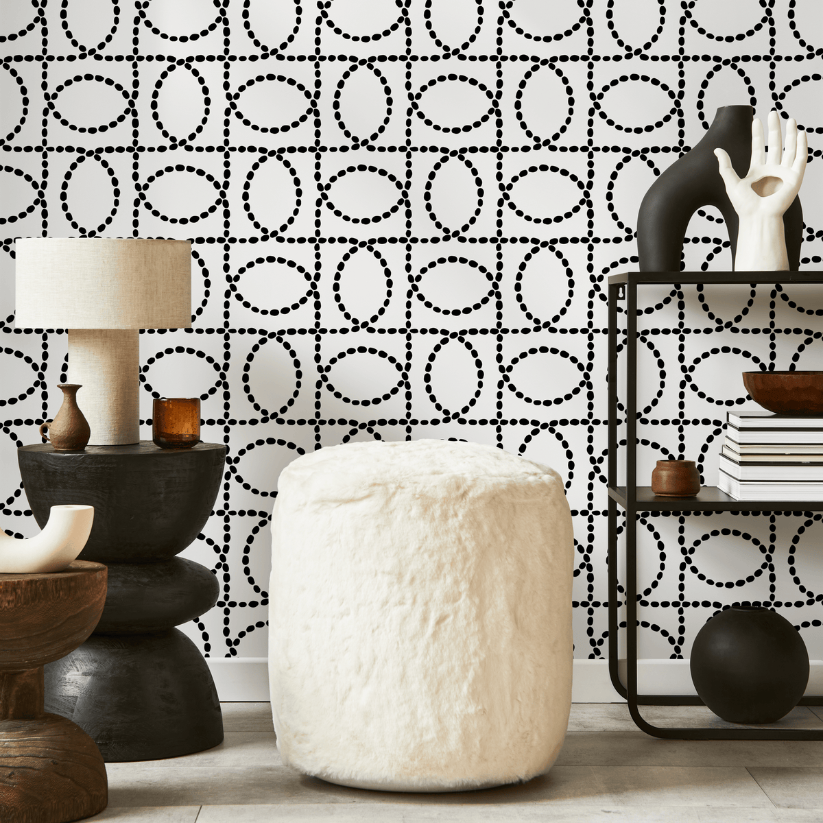 Geometric Wallpaper with an Interlocking Dotted Oval Motif in Black and White - detail view