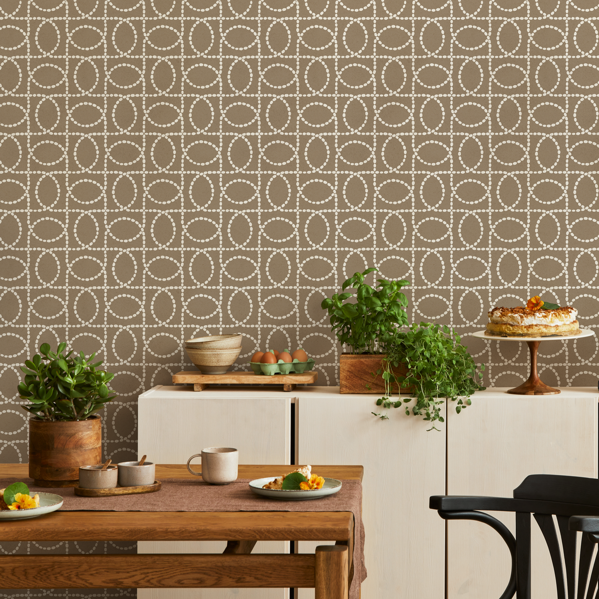 Minimalist Dotted Oval Grid Geometric Wallpaper in Brown and Off-White - detail view