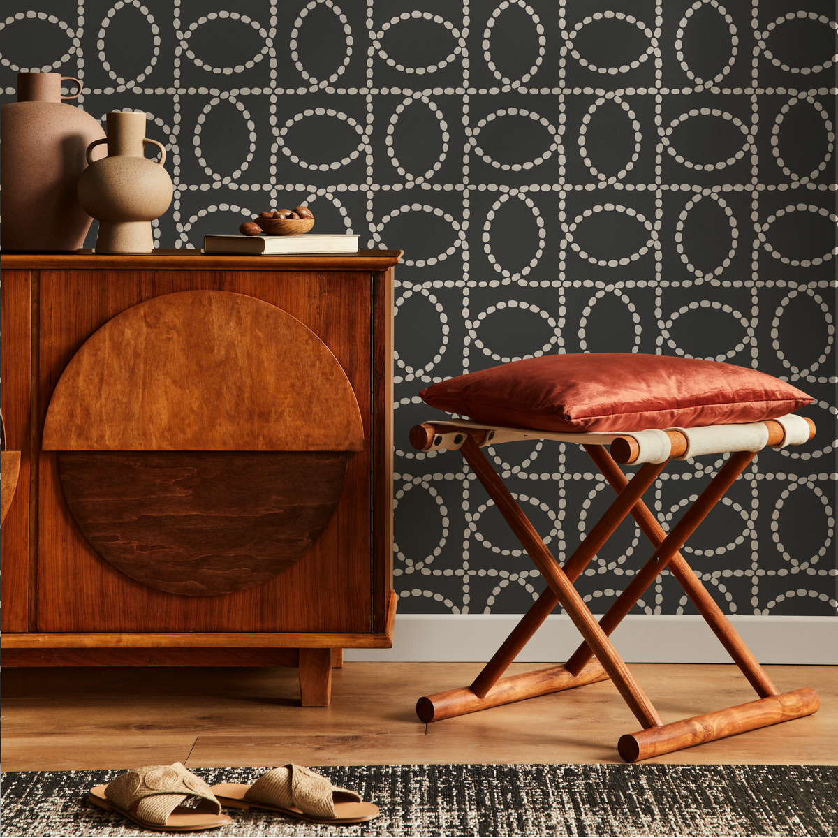 Geometric Wallpaper with a Dotted Oval Grid in Black and Cream - detail view