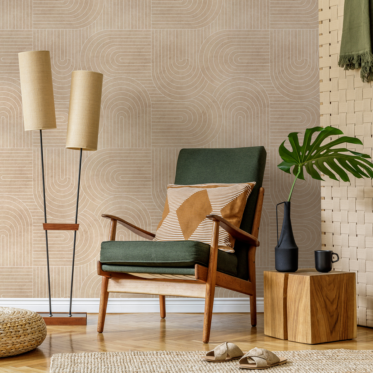 Abstract Wallpaper with an Art Deco Arch Motif in Beige and Cream - detail view