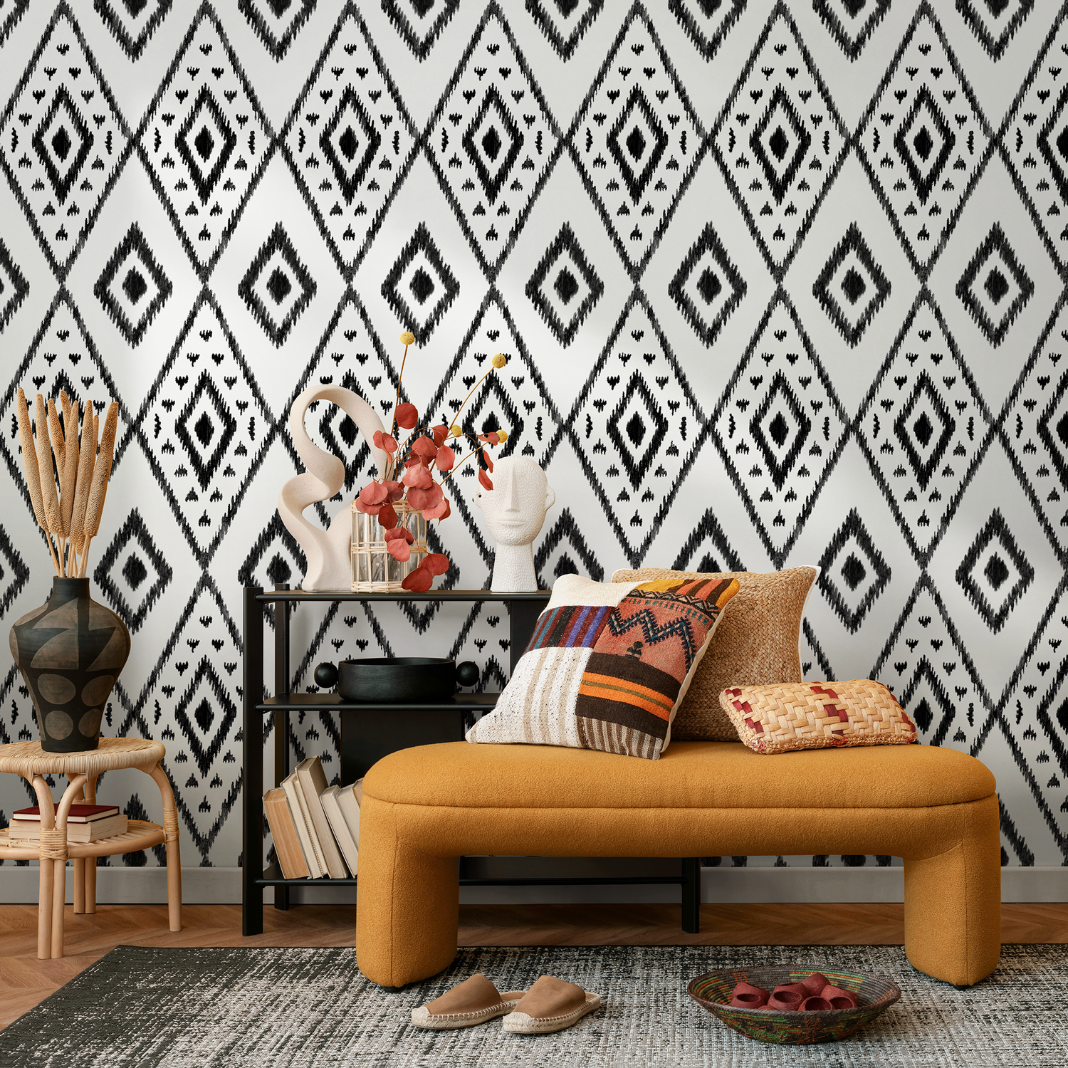 Papier peint tribal noir et blanc / Papier peint autocollant amovible Décoration d'intérieur Art mural Décoration murale Décoration de chambre - C848