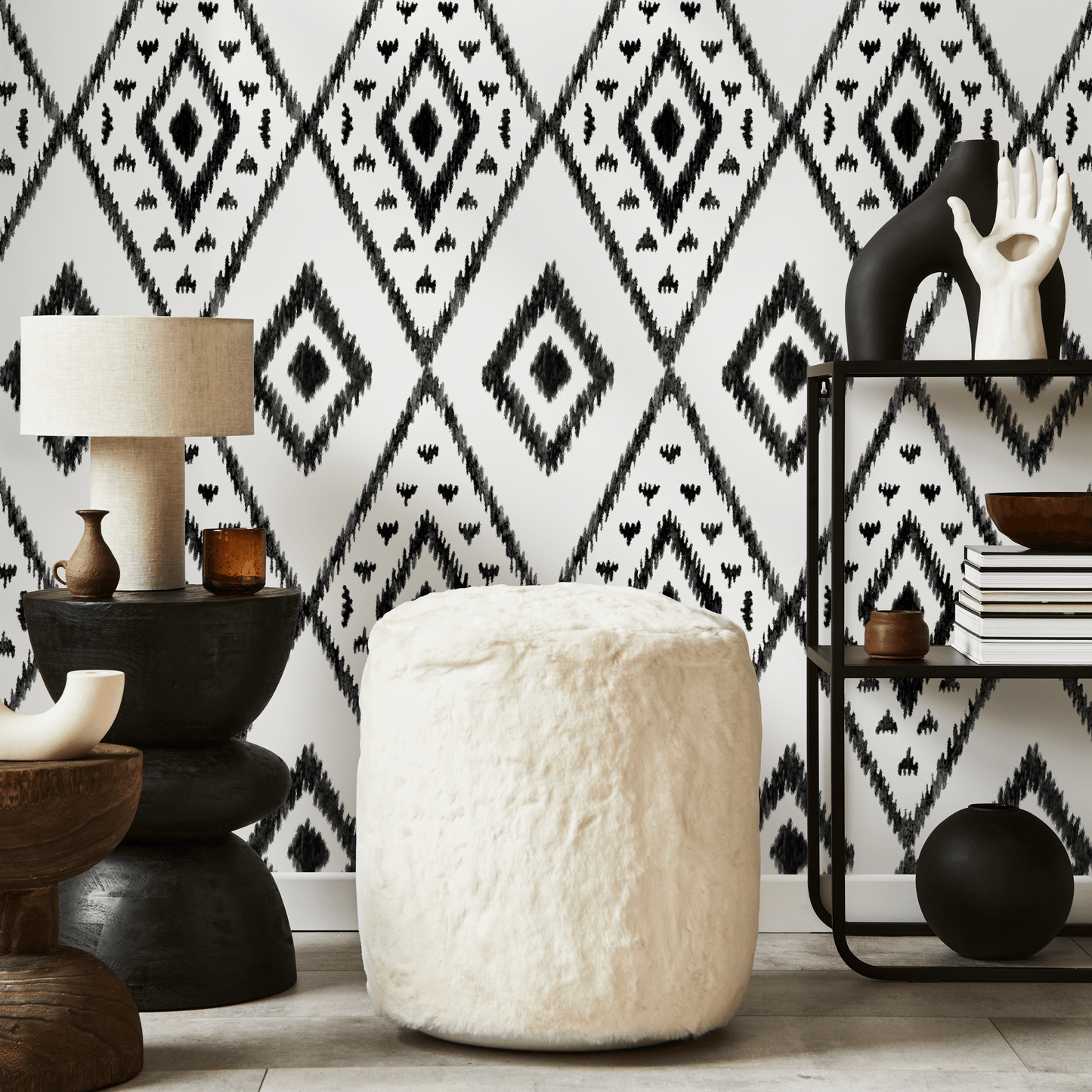 Black and White Tribal Wallpaper / Peel and Stick Wallpaper Removable Wallpaper Home Decor Wall Art Wall Decor Room Decor - C848