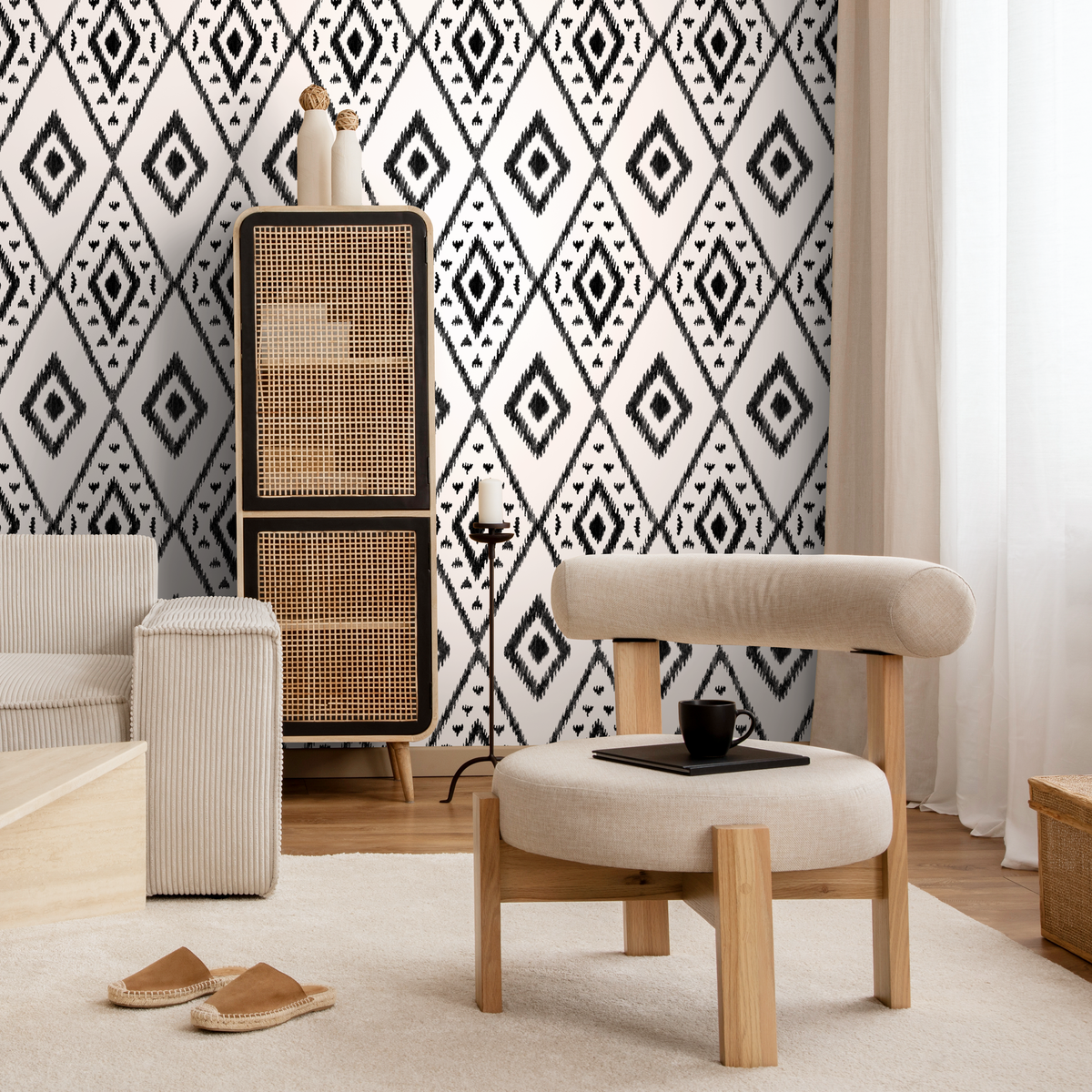 Tribal Wallpaper with a Sketched Diamond Motif in Black and White - detail view
