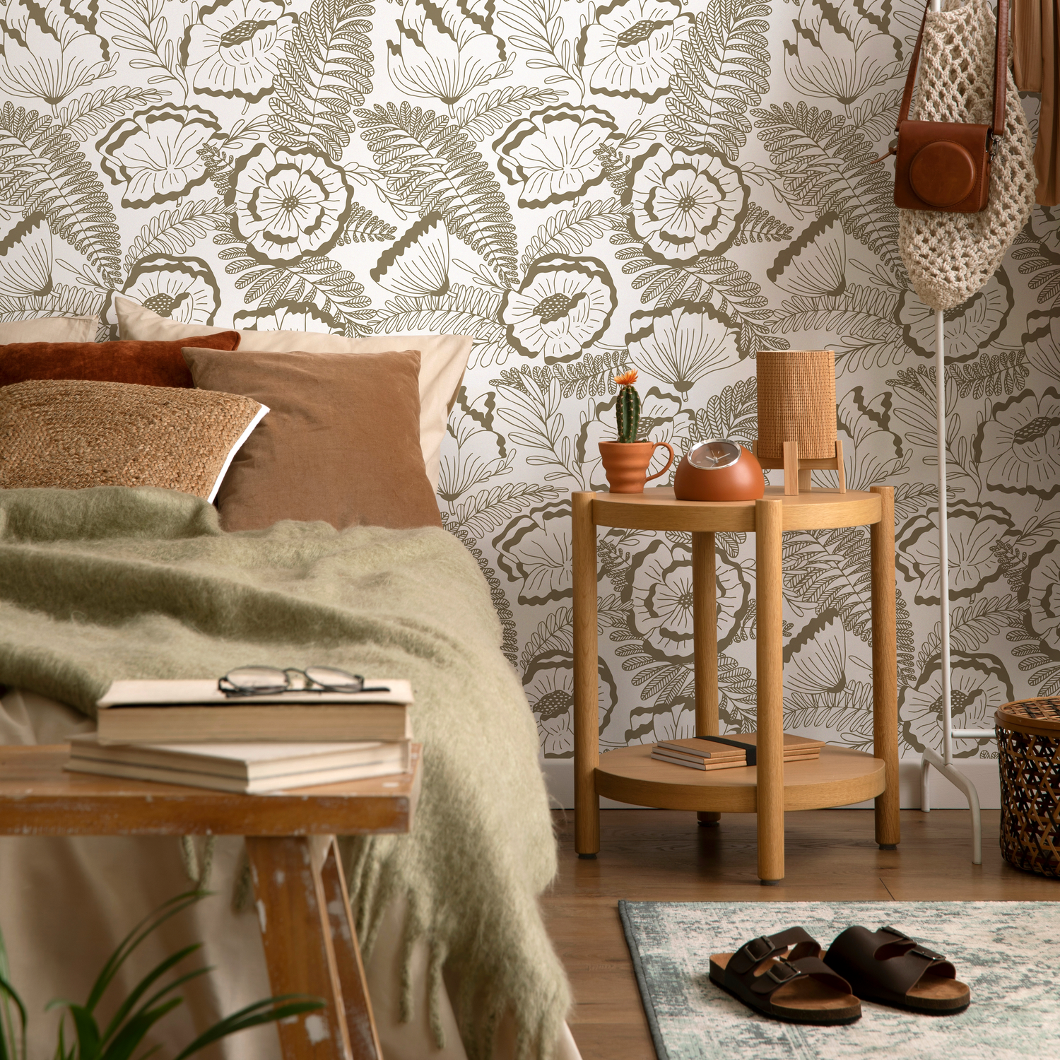Papel pintado bohemio beige con flores, autoadhesivo, extraíble, para decoración del hogar, arte de pared, decoración de habitaciones - C849
