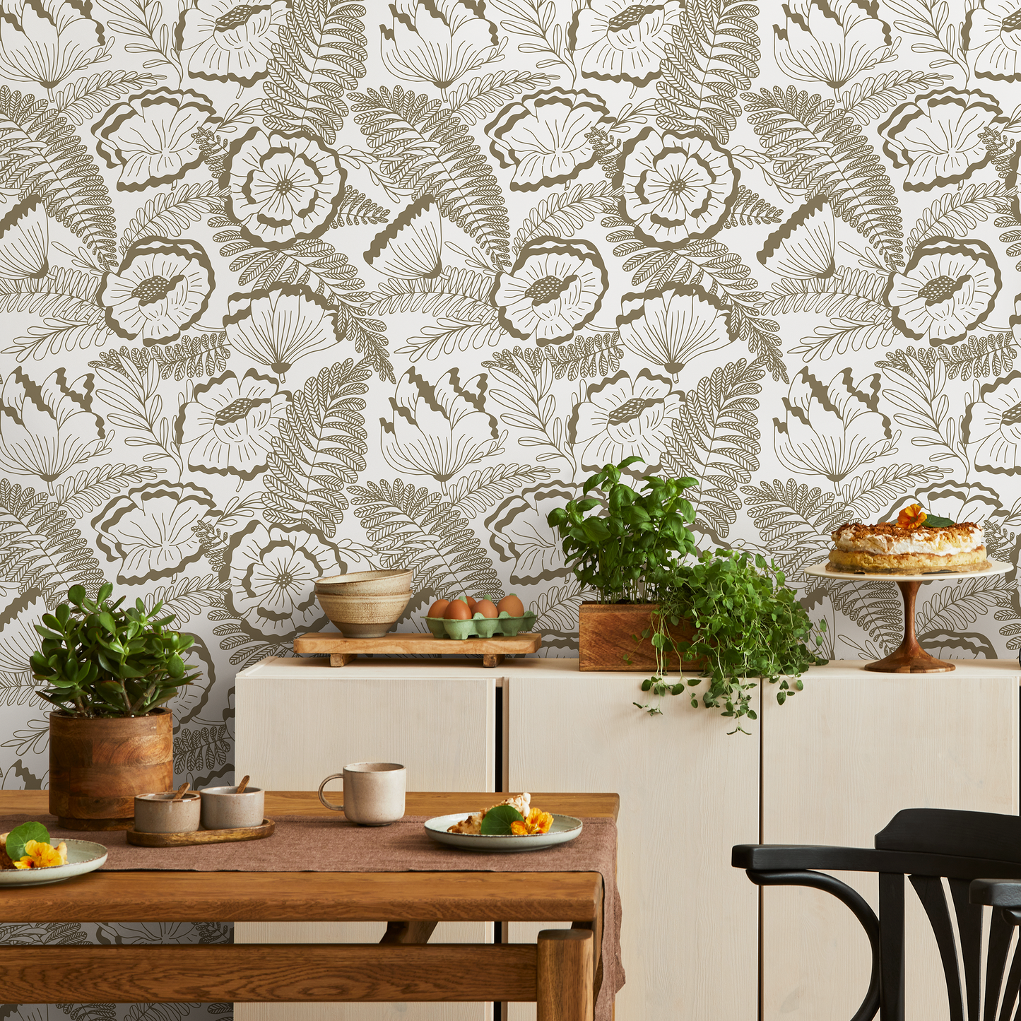 Beige Boho Flower Wallpaper / Peel and Stick Wallpaper Removable Wallpaper Home Decor Wall Art Wall Decor Room Decor - C849