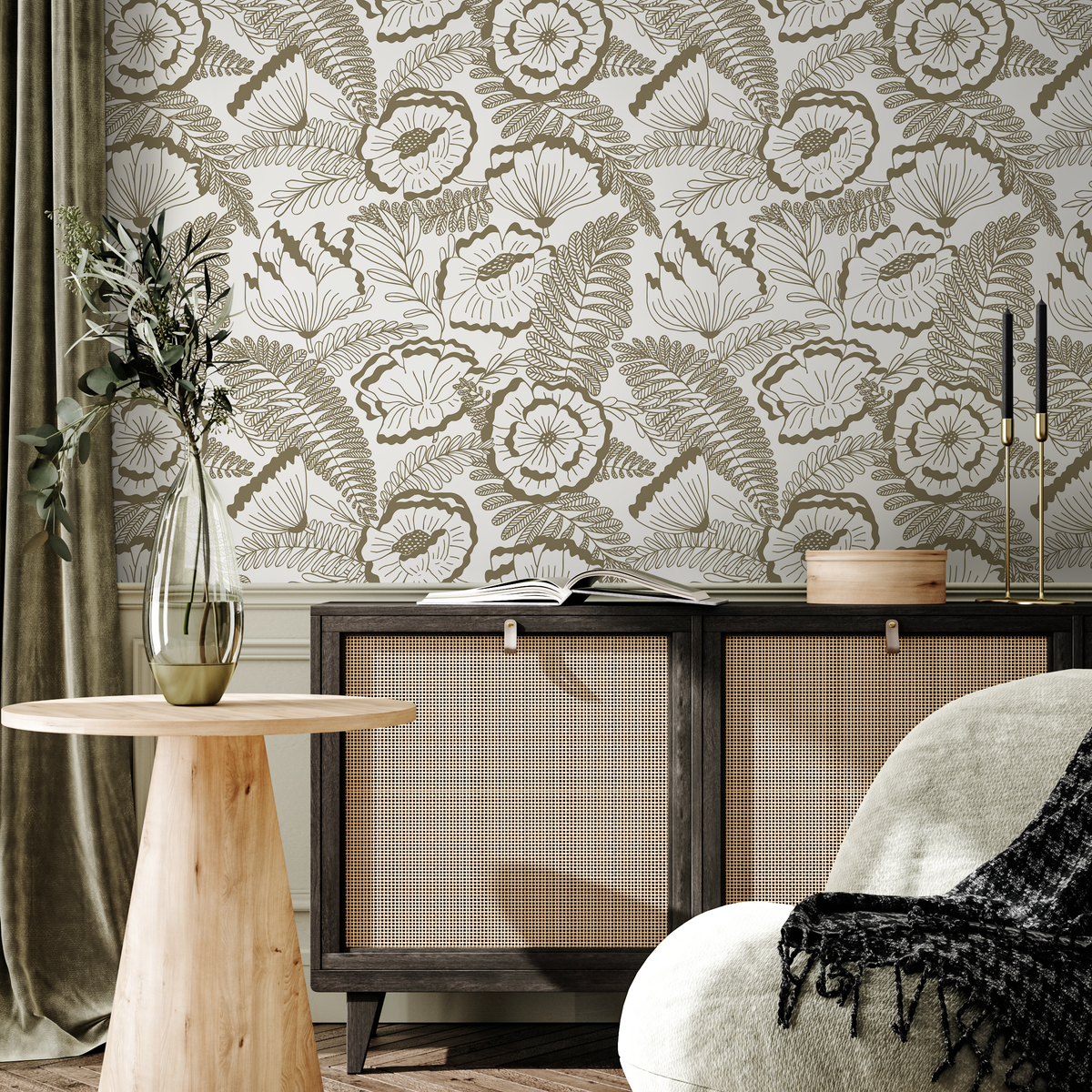 Floral Wallpaper with a Poppy and Fern Line Art Motif in Beige - detail view