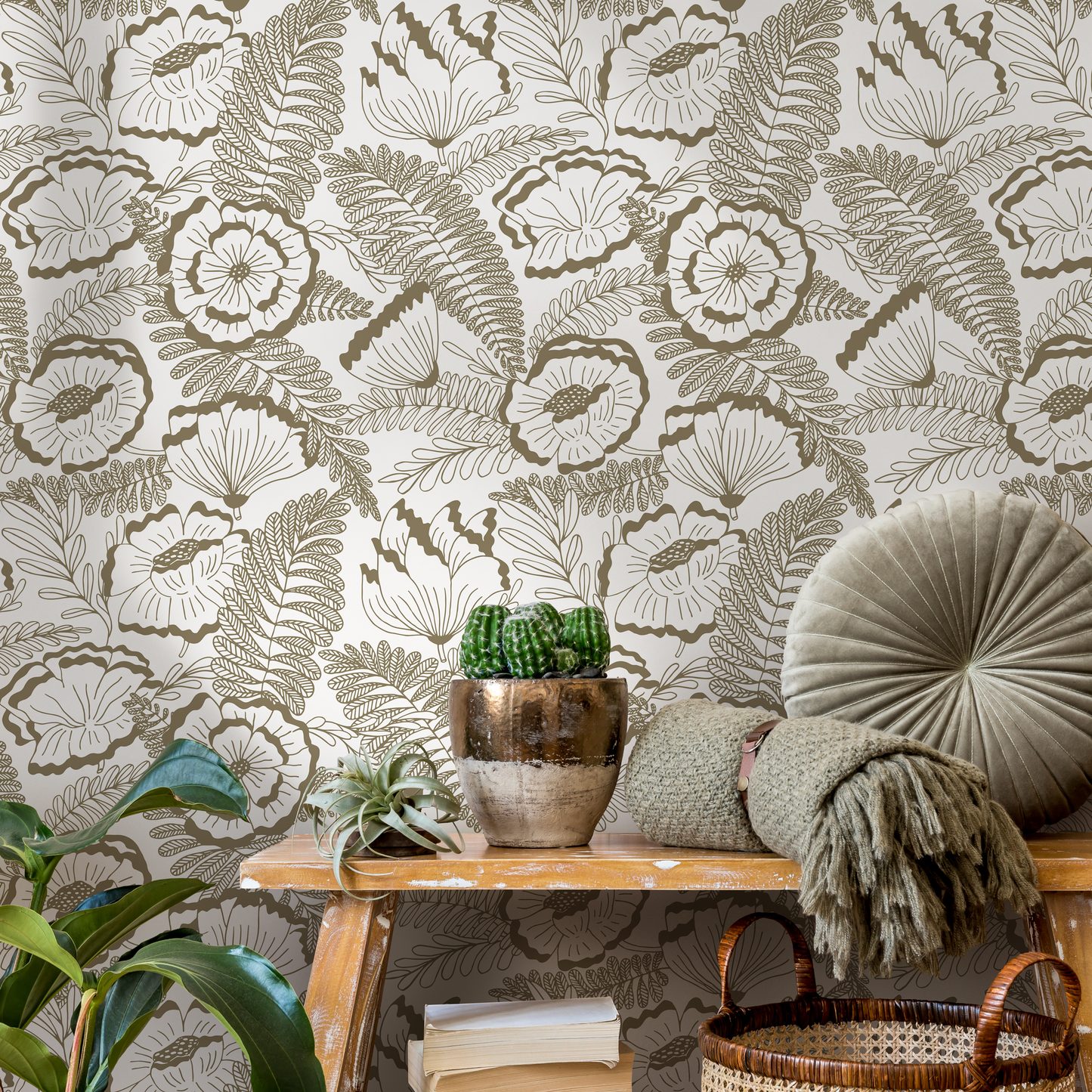 Beige Boho Flower Wallpaper / Peel and Stick Wallpaper Removable Wallpaper Home Decor Wall Art Wall Decor Room Decor - C849