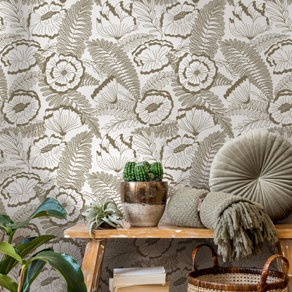 Beige Boho Flower Wallpaper / Peel and Stick Wallpaper Removable Wallpaper Home Decor Wall Art Wall Decor Room Decor - C849