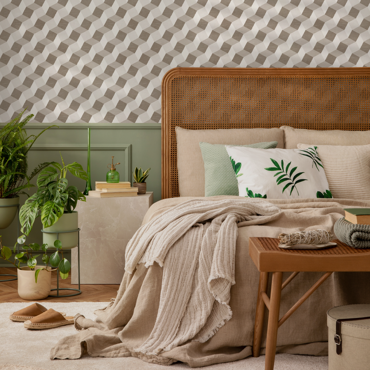 Geometric Wallpaper with a 3D Stepped Pattern in Beige and Taupe - detail view