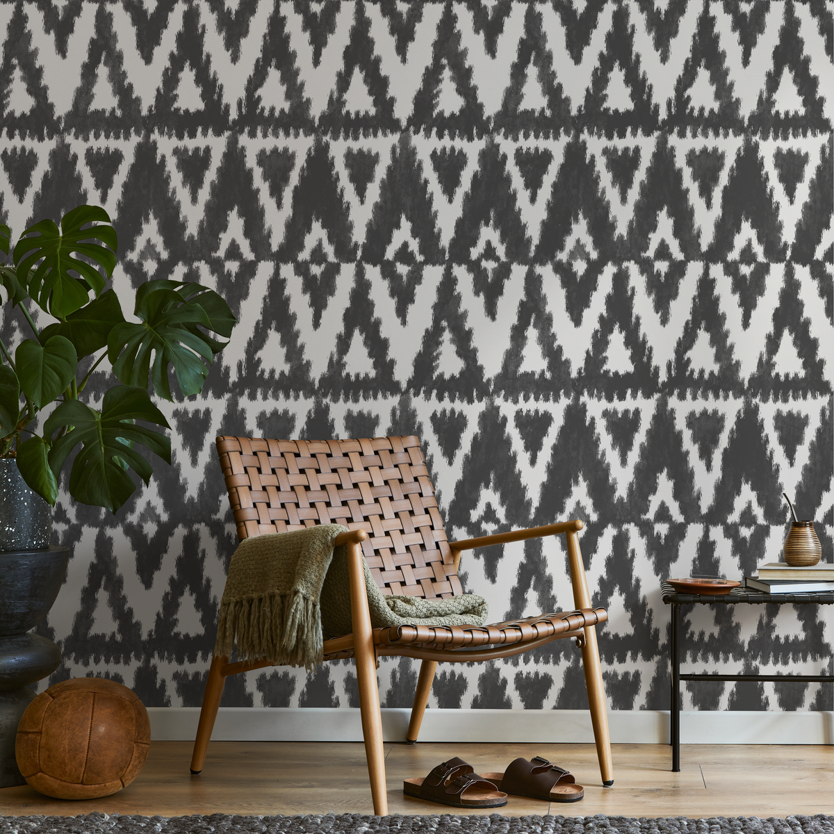 Tribal Wallpaper with a Bold Ikat-Inspired Motif in Black and White - detail view