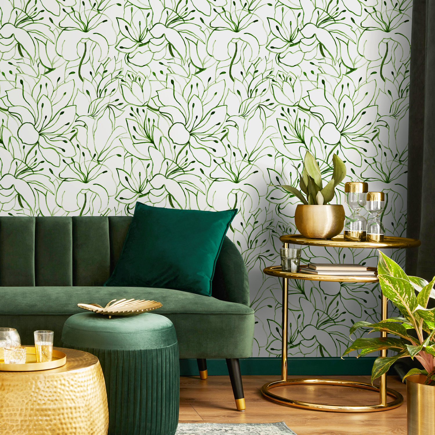Green Floral Garden Wallpaper / Peel and Stick Wallpaper Removable Wallpaper Home Decor Wall Art Wall Decor Room Decor - C852