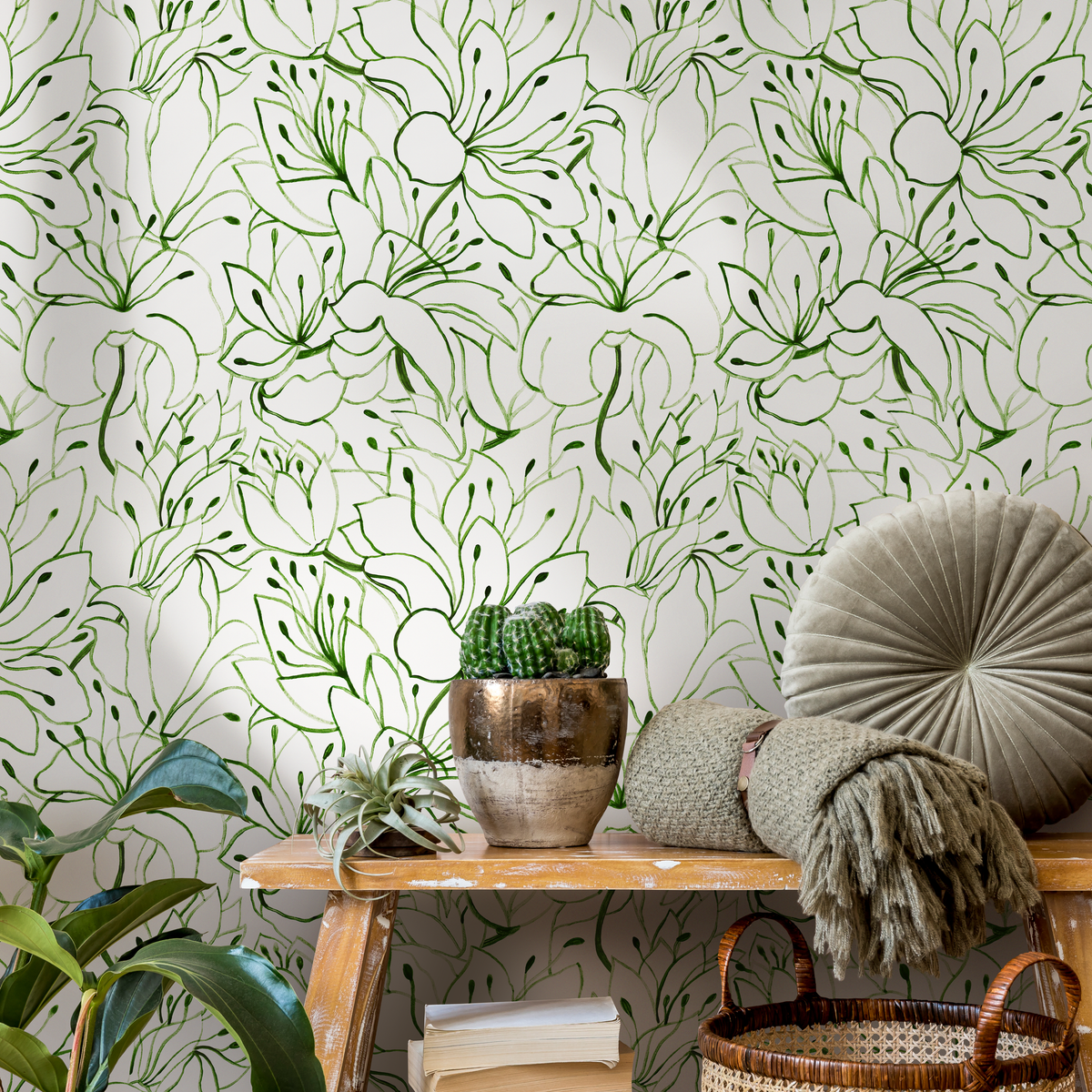 Floral Wallpaper with a Watercolor Lily Line Art Motif in Green - detail view