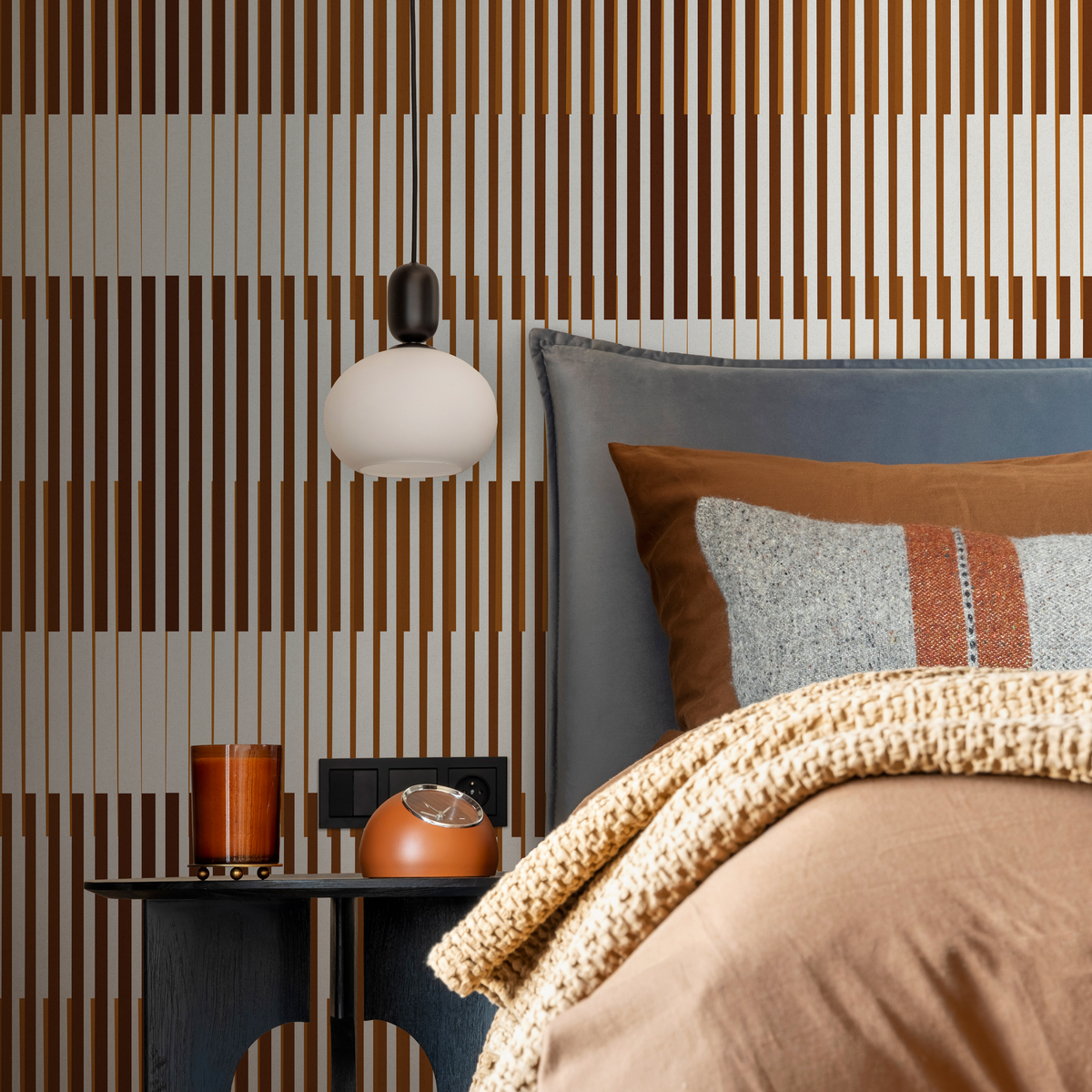 Geometric Wallpaper Featuring Staggered Lines in Brown and Dark Brown - detail view