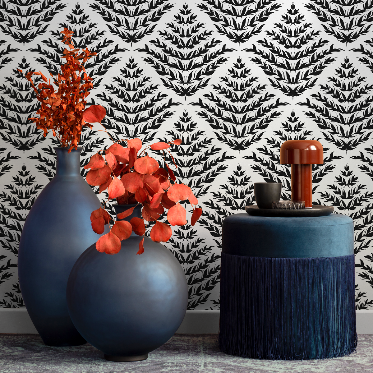 Botanical Wallpaper with a Geometric Leaf Motif in Black and White - detail view