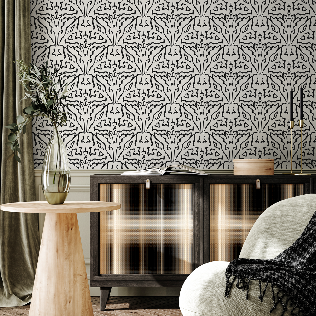 Abstract Wallpaper with a Symmetrical Line Art Motif in Black and Beige - detail view