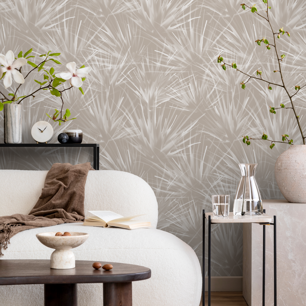 Boho Wallpaper with a Wispy Dandelion Motif in Beige and Off-White - detail view