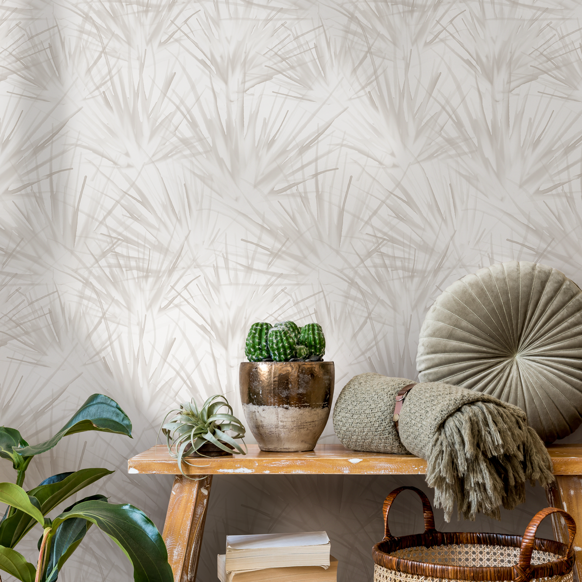 Botanical Wallpaper with Abstract Palm Fronds in Beige and Taupe - detail view