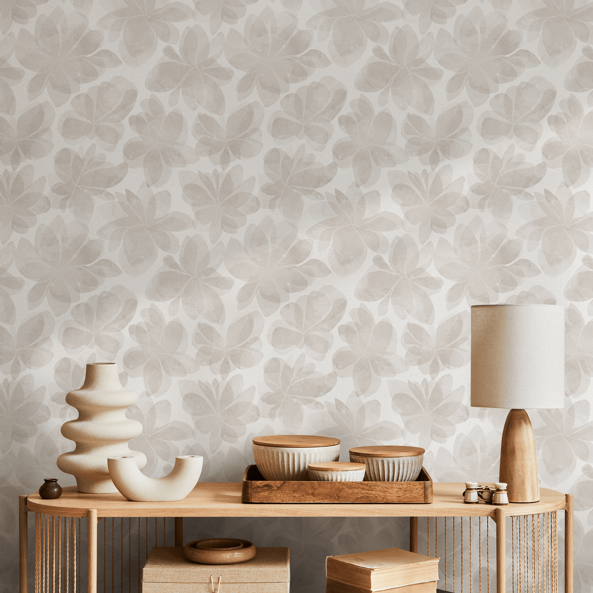 Floral Wallpaper with a Watercolor Flower Motif in Beige and Cream - detail view