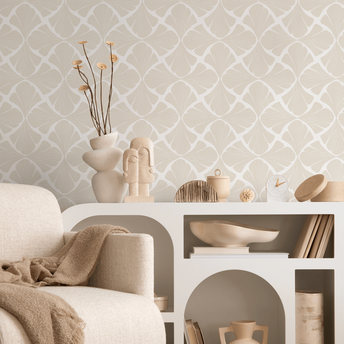 Art Deco Wallpaper with a Stylized Ginkgo Motif in Beige and Cream - detail view