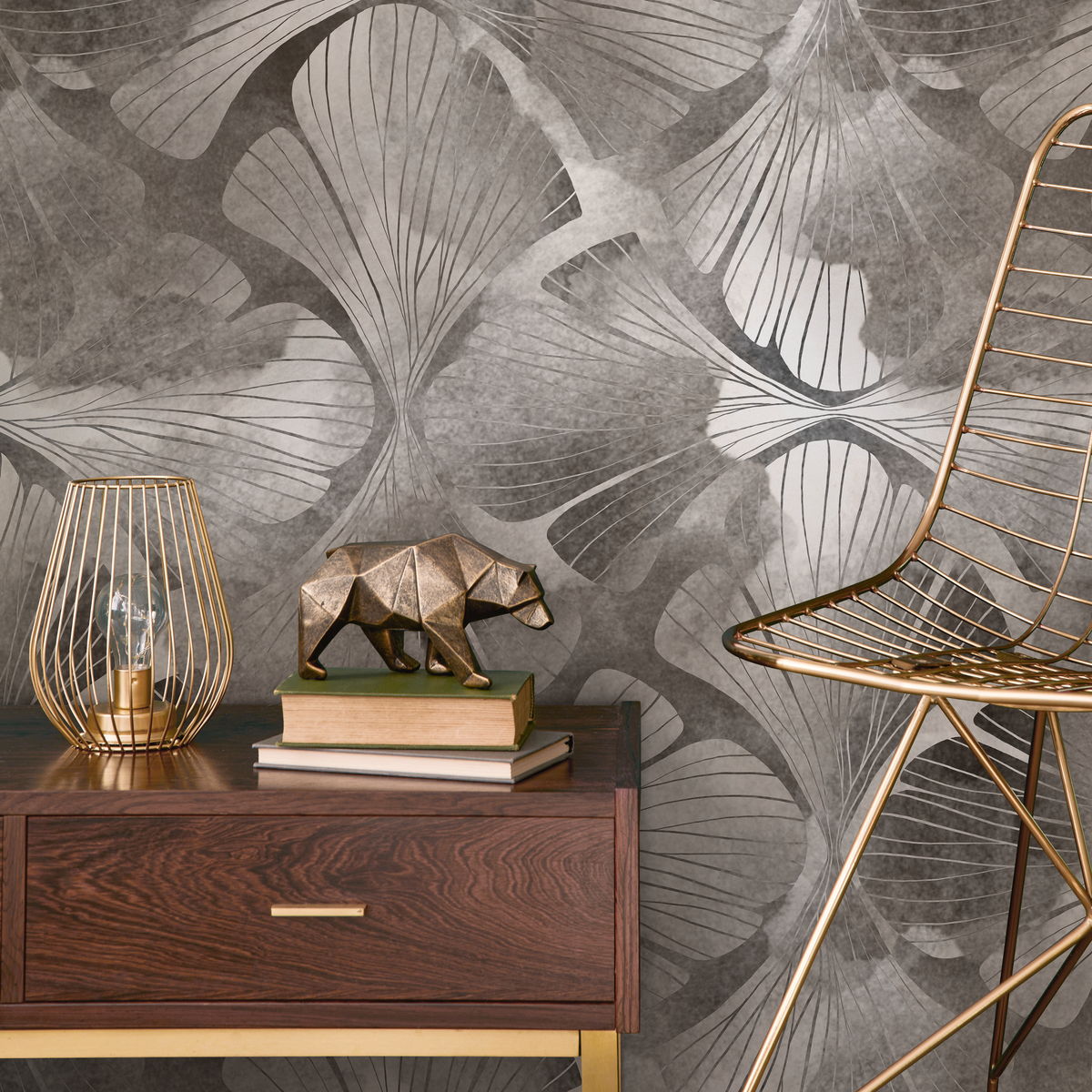 Botanical Wallpaper with Art Deco Ginkgo Leaves in Taupe - detail view