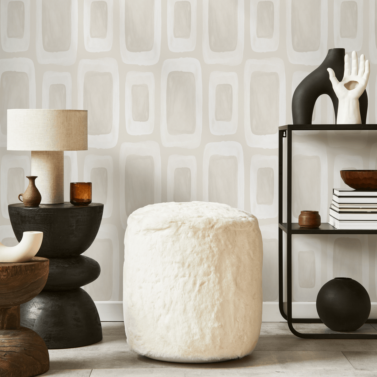 Geometric Wallpaper with Hand-Painted Rectangles in Beige and Off-White - detail view