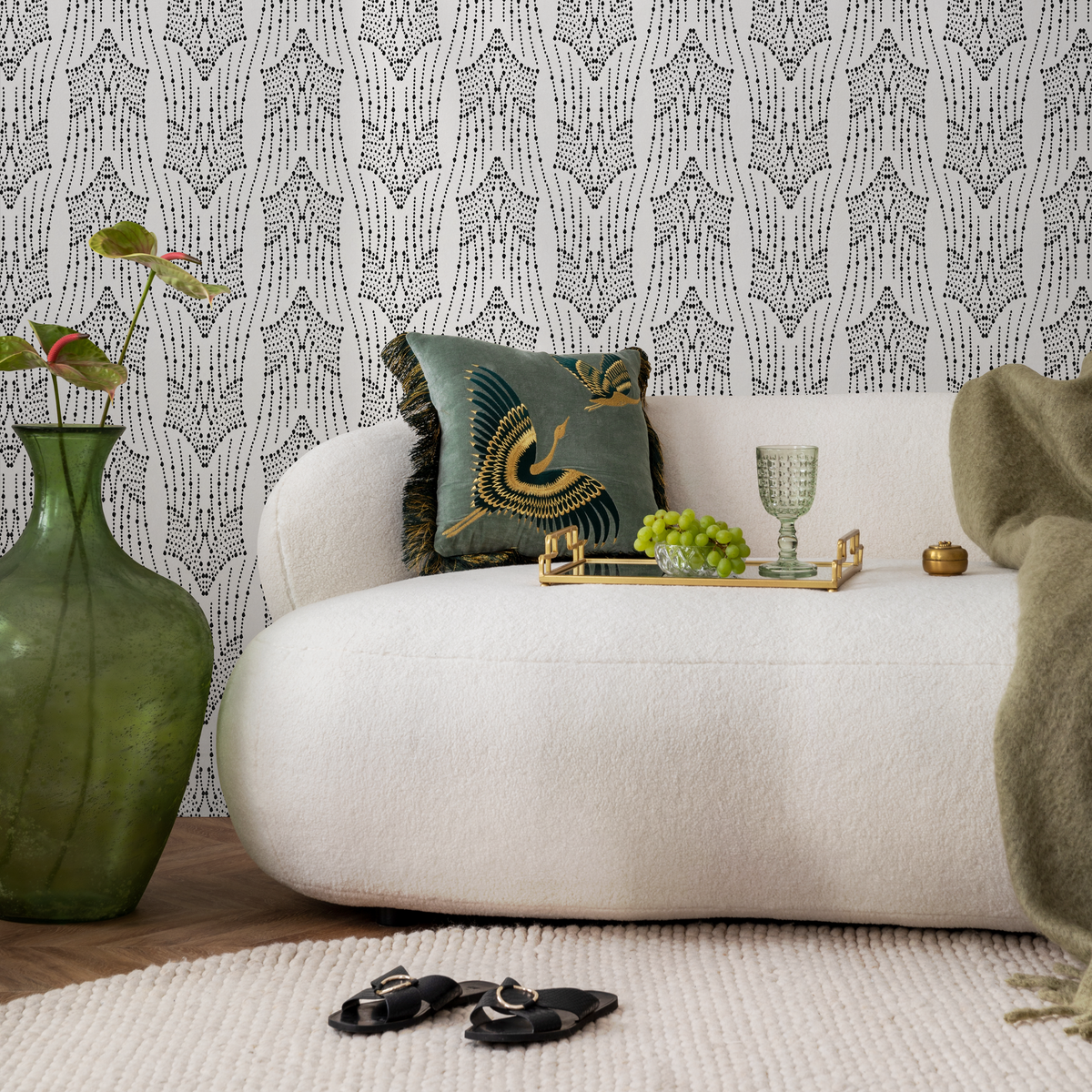 Boho Wallpaper with a Symmetrical Dotted Motif in Black and White - detail view