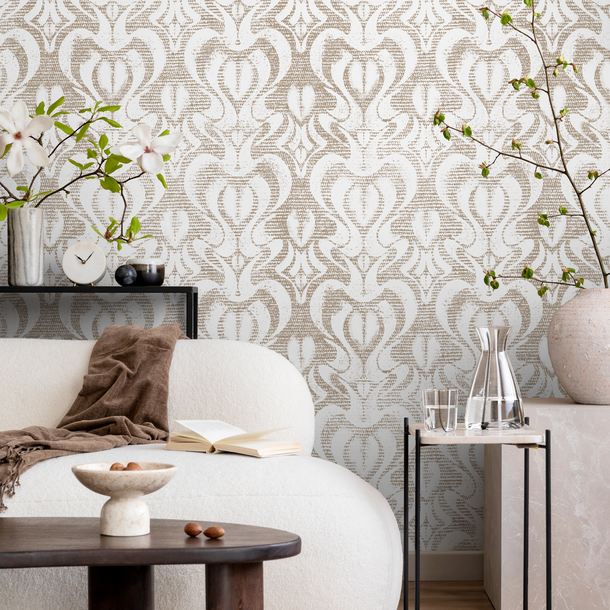 Damask Wallpaper with a Textured Motif in Beige and Cream - detail view