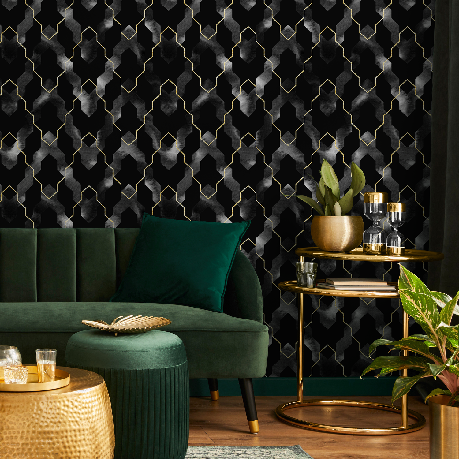 Geometric Wallpaper with an Art Deco Trellis in Black, Gold, and Grey - C871