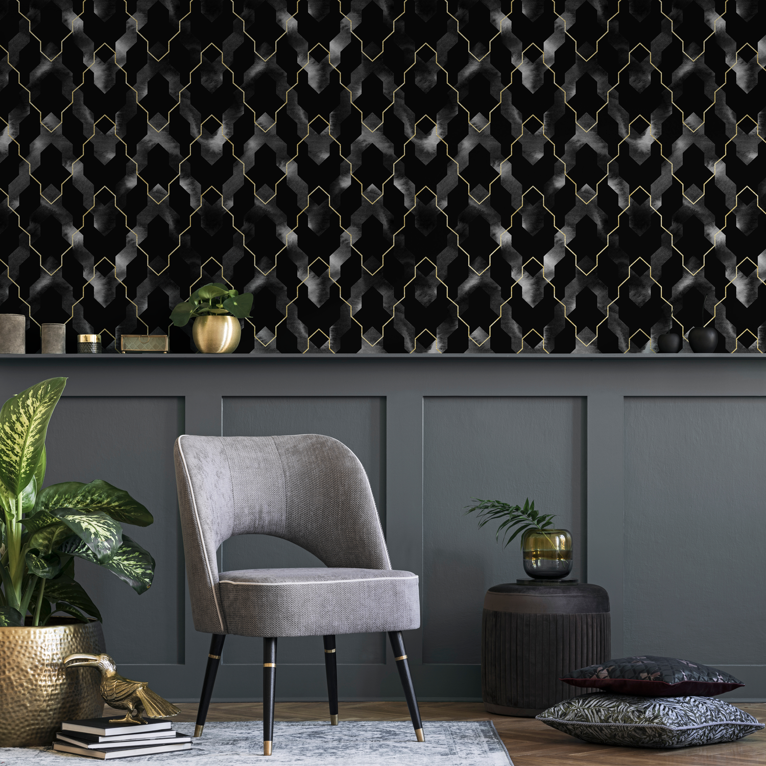 Geometric Wallpaper with an Art Deco Trellis in Black, Gold, and Grey - C871