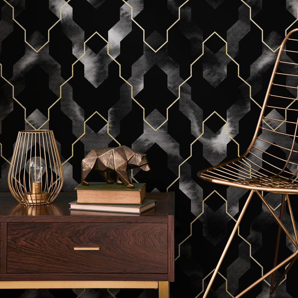 Geometric Wallpaper with an Art Deco Trellis in Black, Gold, and Grey - detail view