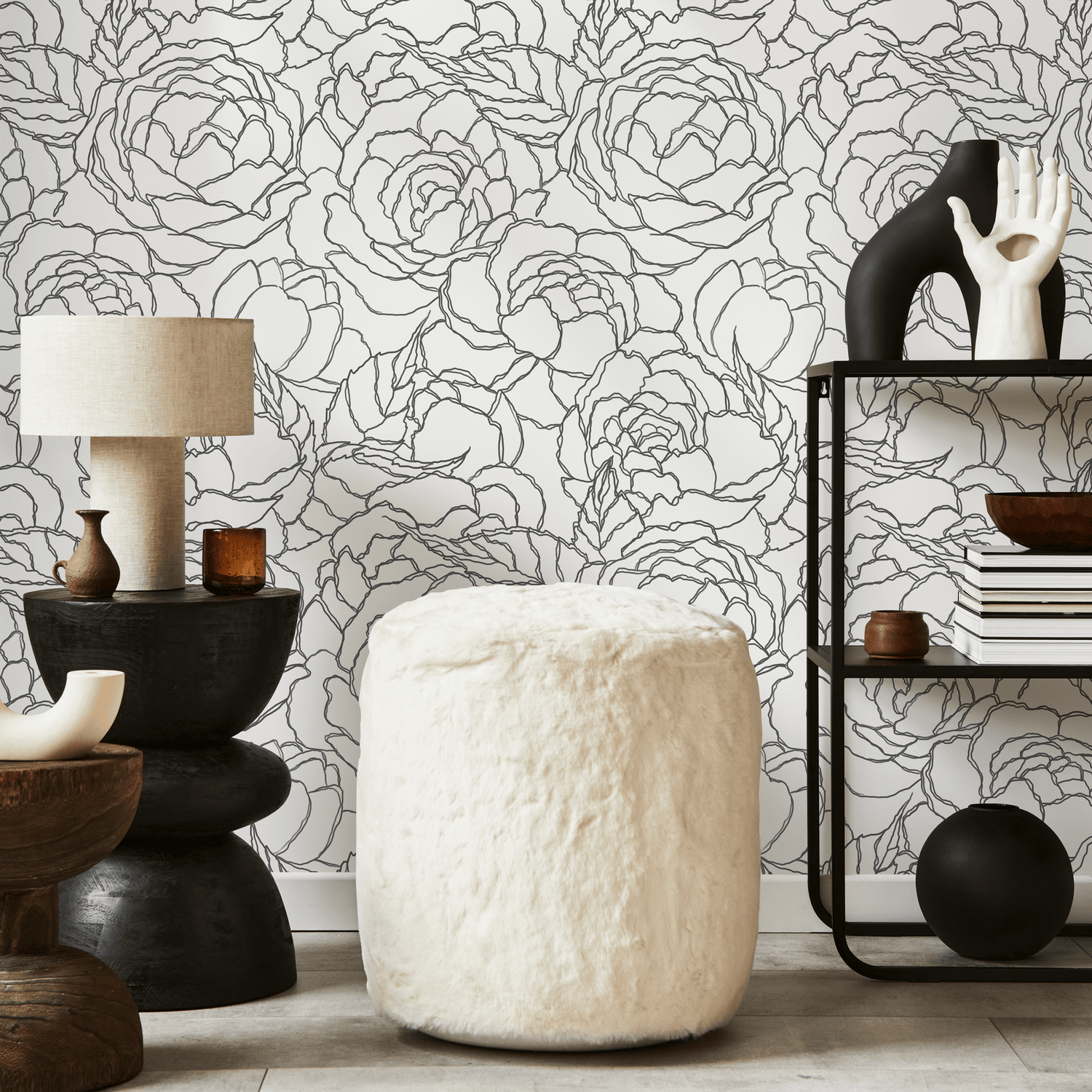 Floral Wallpaper with a Large Peony Line Art Motif in Gray - C872