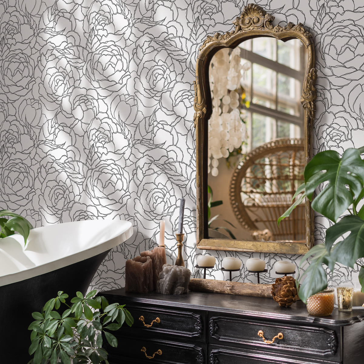 Floral Wallpaper with a Large Peony Line Art Motif in Gray - detail view