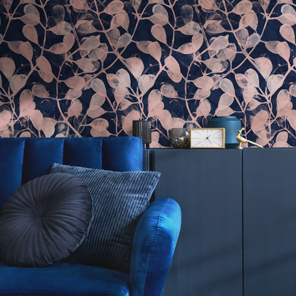 Pink and Navy Leaf Wallpaper / Peel and Stick Wallpaper Removable Wallpaper Home Decor Wall Art Wall Decor Room Decor - C873