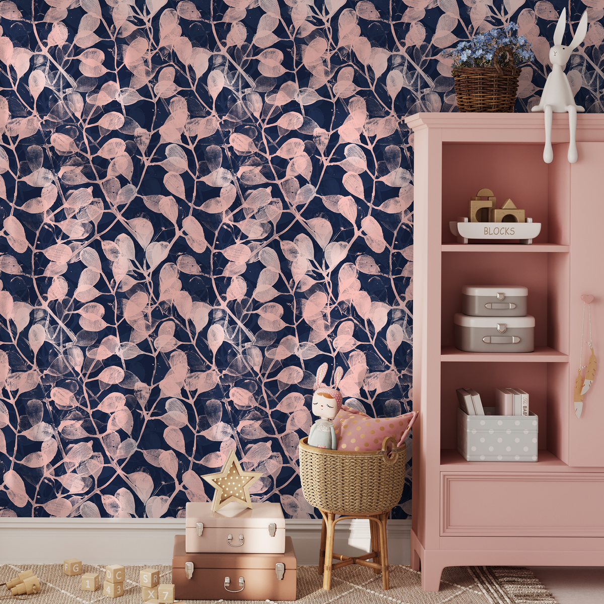 Botanical Wallpaper with a Stamped Leaf Motif in Navy and Pink - detail view