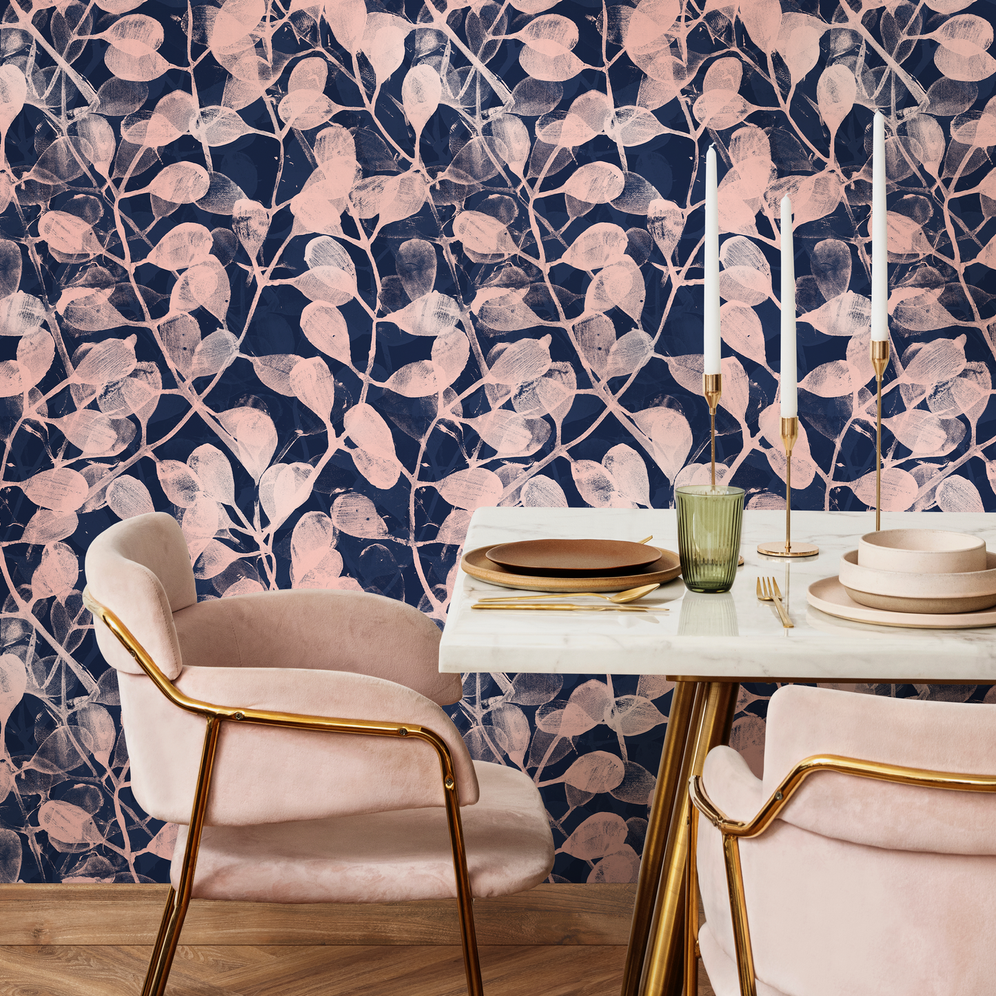 Pink and Navy Leaf Wallpaper / Peel and Stick Wallpaper Removable Wallpaper Home Decor Wall Art Wall Decor Room Decor - C873