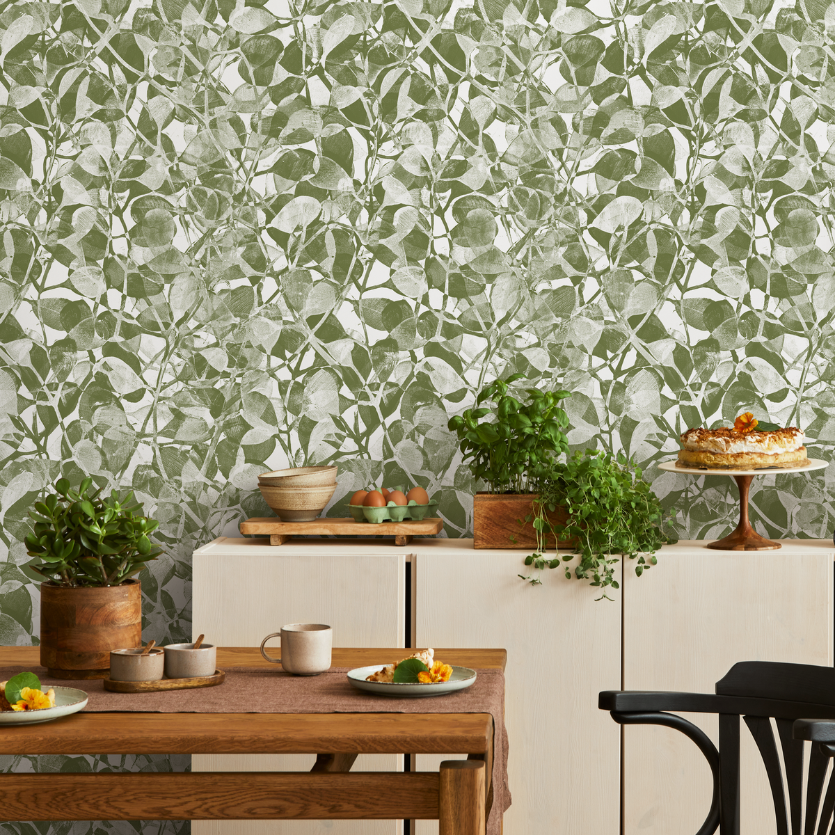 Modern Botanical Wallpaper with a Stamped Leaf Motif in Green - detail view
