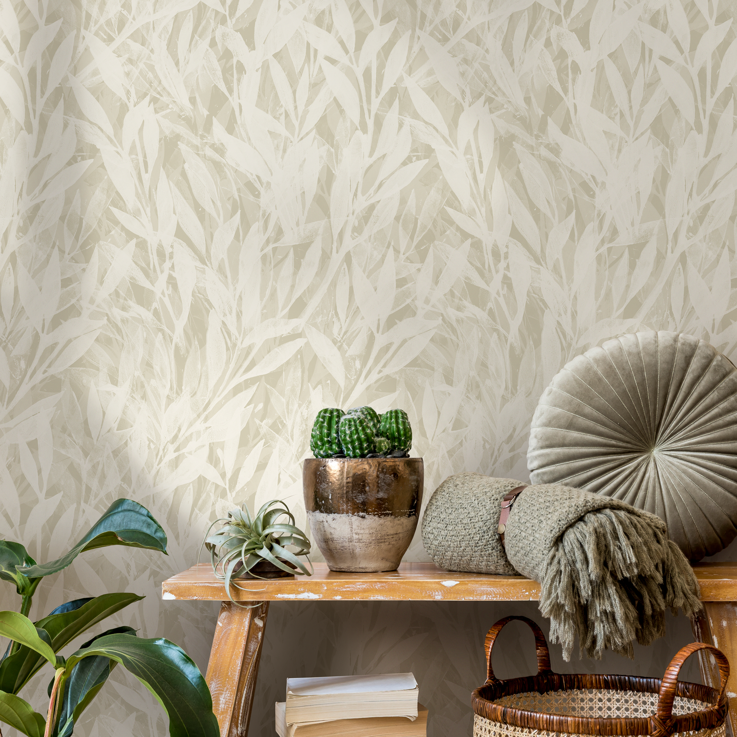 Beige Boho Leaf Wallpaper / Peel and Stick Wallpaper Removable Wallpaper Home Decor Wall Art Wall Decor Room Decor - C876