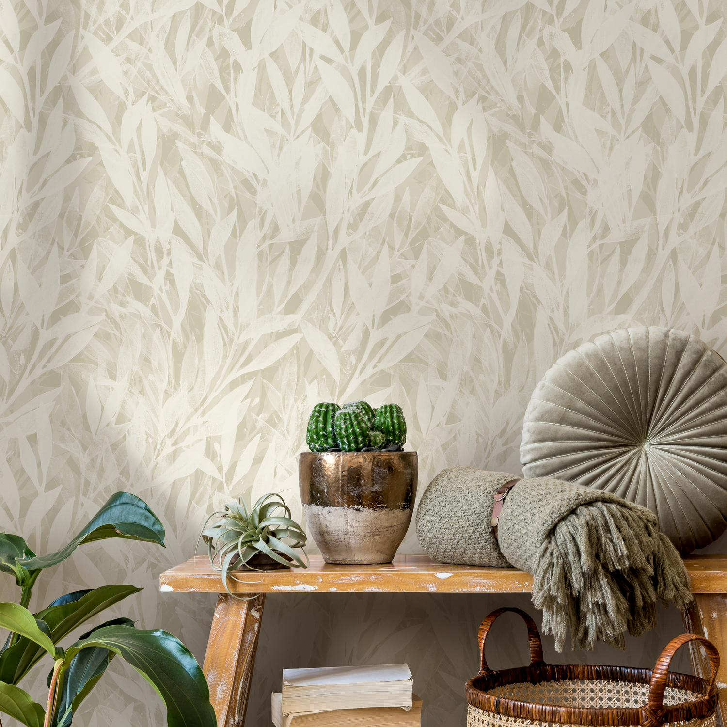 Papel pintado de hojas bohemias beige / Papel pintado autoadhesivo / Papel pintado extraíble / Decoración del hogar / Arte de pared / Decoración de habitación - C876
