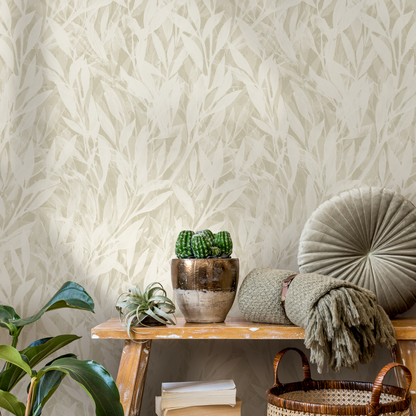 Beige Boho Leaf Wallpaper / Peel and Stick Wallpaper Removable Wallpaper Home Decor Wall Art Wall Decor Room Decor - C876