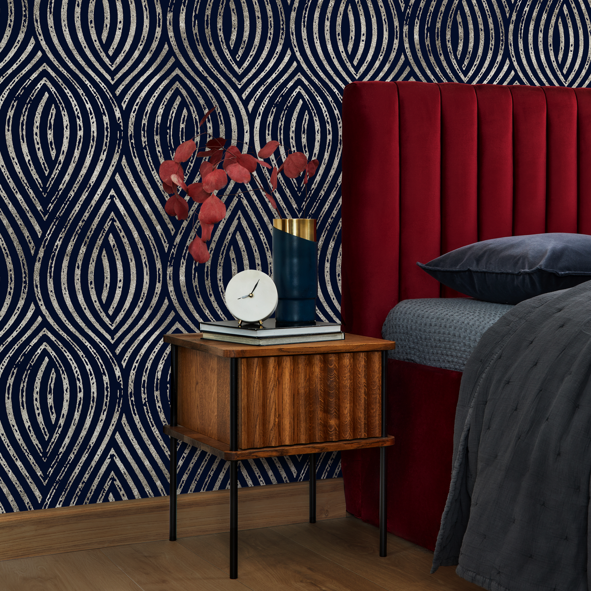 Art Deco Wallpaper with a Wavy Geometric Motif in Navy and Silver - detail view